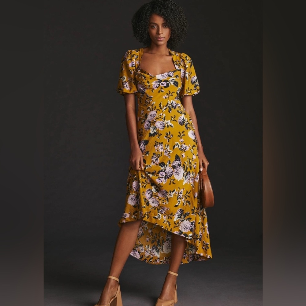 MAEVE Anthropologie Floral Puff Sleeve Midi Dress Coquette Romantic Hi Lo 10